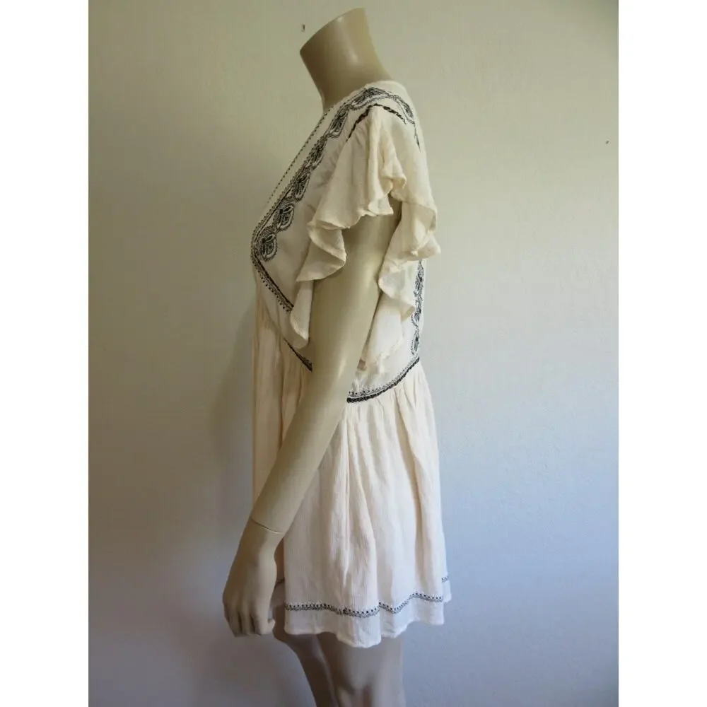 Free People Cream/Black Embroidered M V-Neck Fluttered Sleeve Mini Dress-JB1